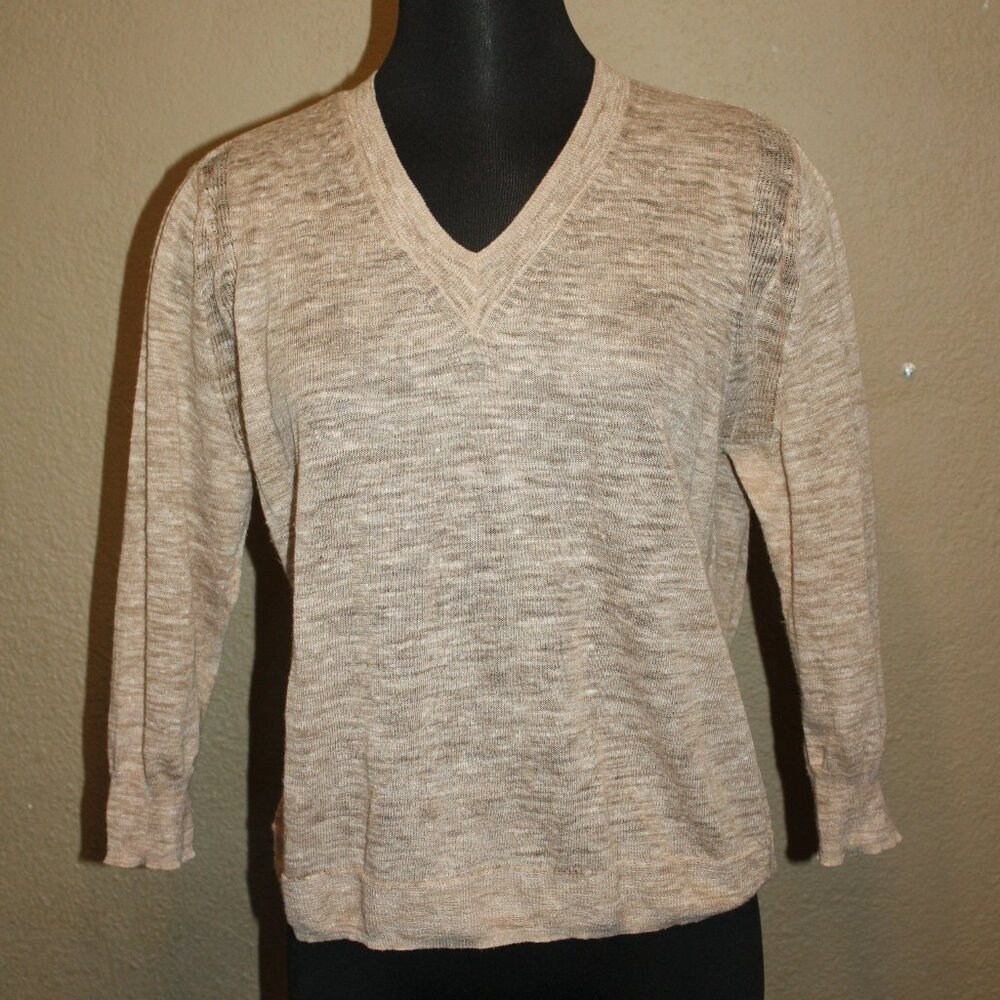 J.CREW LIGHT BROWN TAN V NECK LINEN BLEND KNITTED SWEATER - SMALL 2 4